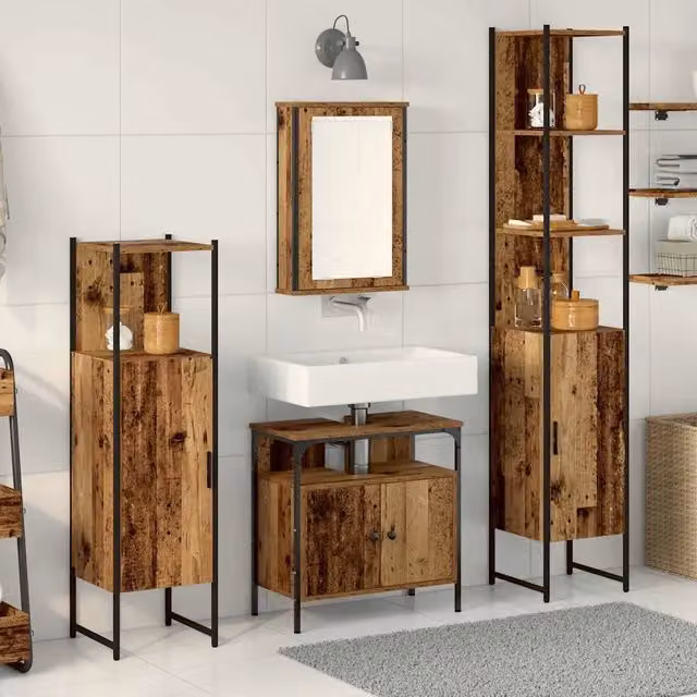 Set di mobili per il bagno moderno vidaXL in legno e metallo marrone e nero composto da mobile sottolavabo, armadietto a specchio e pensili a parete – 1