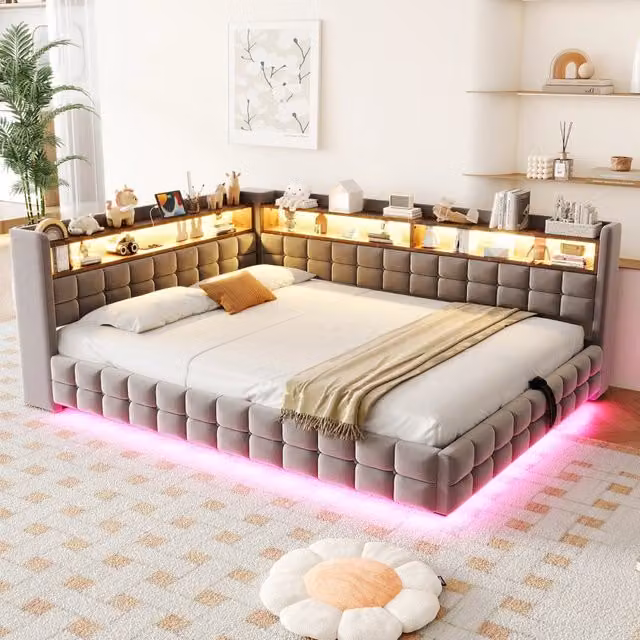Letto divano 140x200 cm con contenitore con contenitore idraulico; LED; USB; velluto; grigio