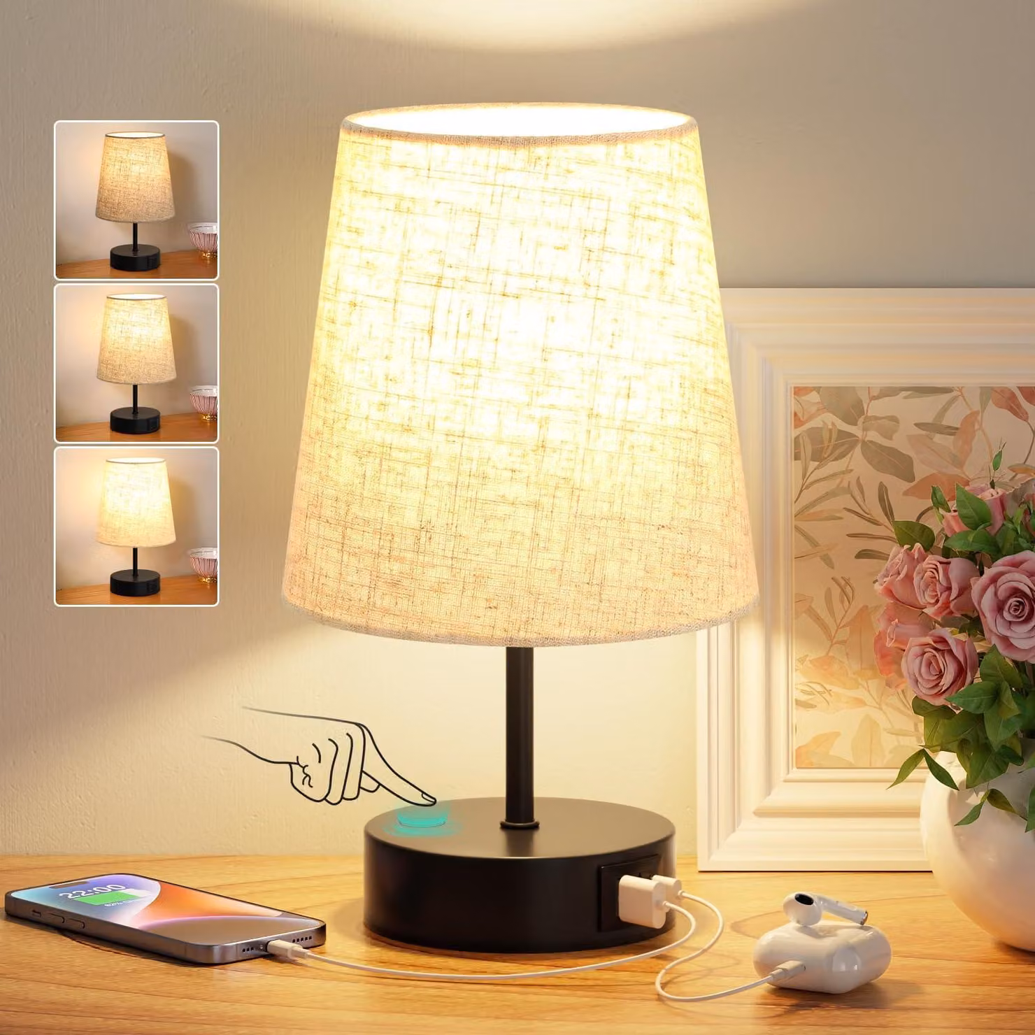 Lampada da comodino con porte di ricarica USB-C e USB-A, dimmerabile, con paralume a 3 vie