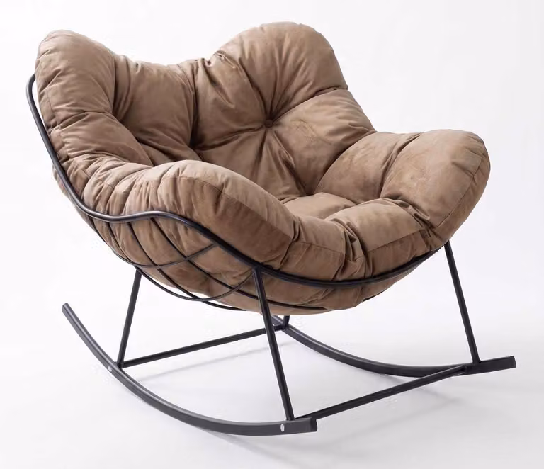 Poltrona a dondolo imbottita, struttura in metallo, design moderno, confortevole, color marrone