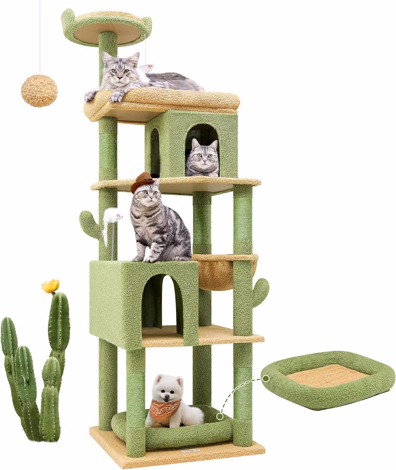 Albero per gatti a forma di cactus, alto 183 cm, con ampia superficie di riposo, cuccia per gatti, adatto a gatti di grossa taglia