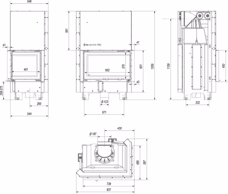 Camino ad aria in acciaio KRATKI MBM destra BS 10 kW Ø 200 ghigliottina rivestimento nero