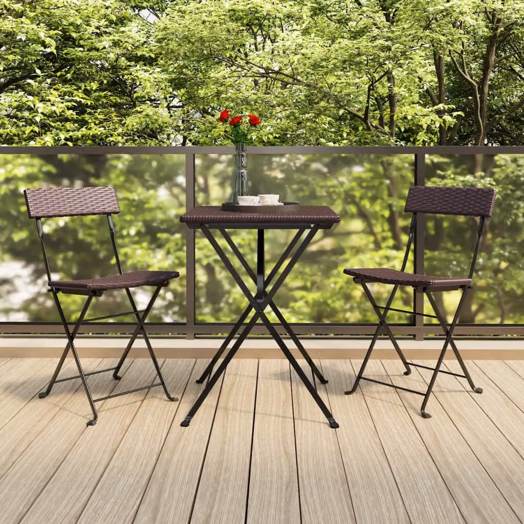 Set da bistrò pieghevole 3 pezzi vidaXL in polyrattan marrone per giardino e balcone