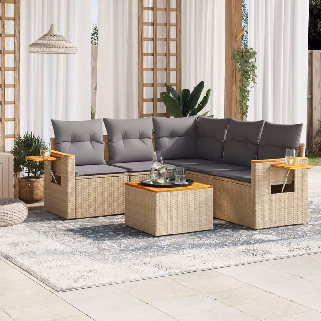 Set Divano da Giardino a L vidaXL 6 pz in Polyrattan con Cuscini Beige e Grigio – 1