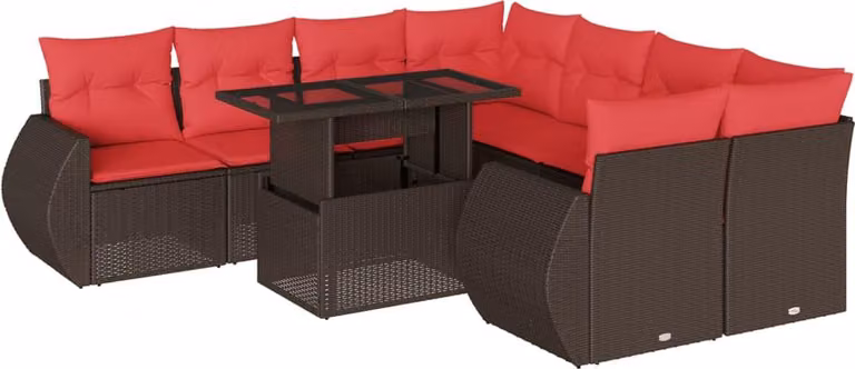 Set Divani da Giardino 9 pz con Cuscini Marrone in Polyrattan