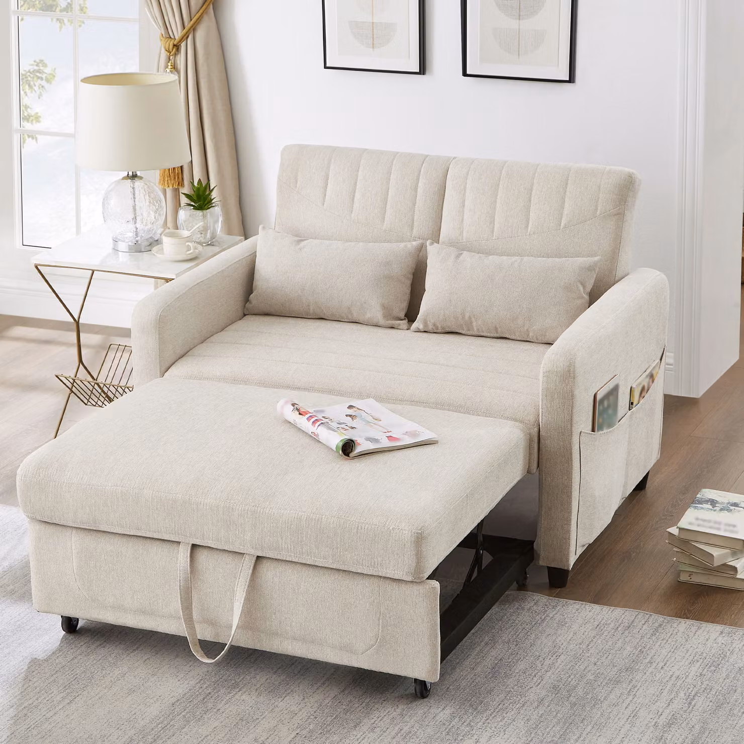 Divano letto allungabile Merax 2 in 1 con schienale regolabile in tre posizioni, tessuto in cotone e lino traspirante, due posti con funzione letto, bianco