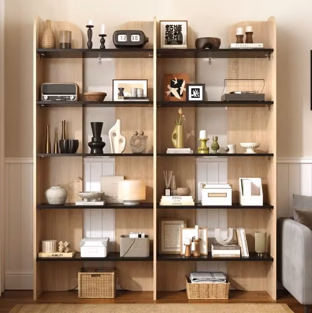 Libreria autoportante a 5 ripiani con divisori centrali; 135 x 25 x 160 cm; naturale e nero