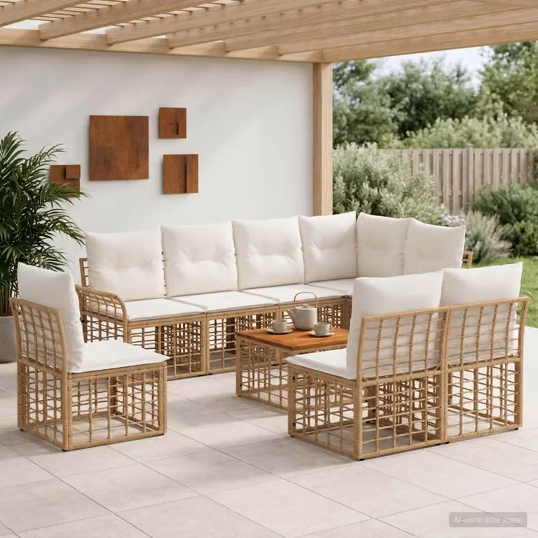 vidaXL Set di divani da esterno 9 pezzi per 8 persone in stile rustico, colore beige e bianco, con struttura in metallo e cuscini inclusi