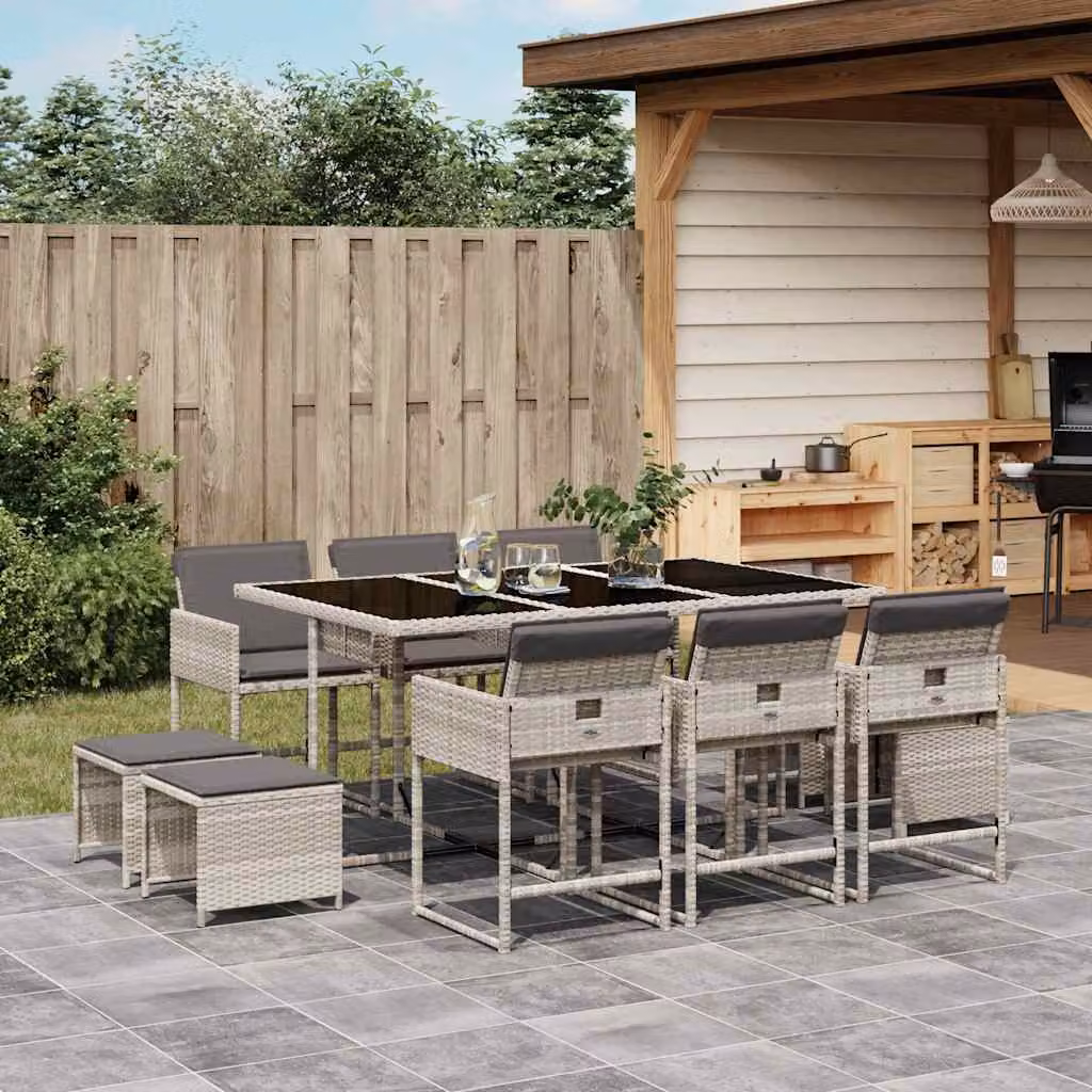 Set Pranzo da Giardino vidaXL in Polyrattan con Piano in Vetro e 11 Sedute con Cuscini Grigio Antracite – 1