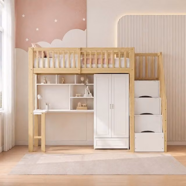 Letto a soppalco ULEVR 90x200 cm con armadio, scrivania, scaffale e scala con cassetti, bianco e legno naturale