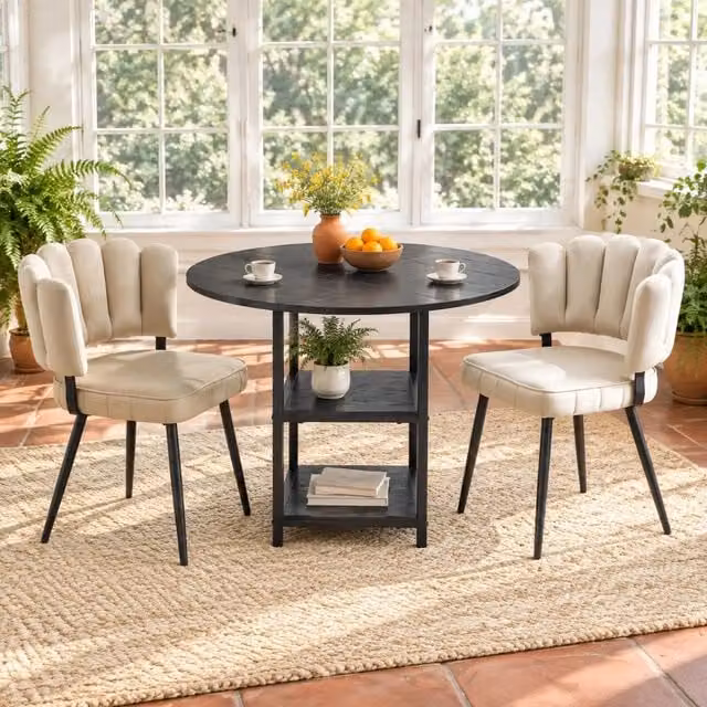 Set tavolo rotondo da 107 cm con doppio ripiano e 2 sedie da pranzo marrone chiaro con schienale a fiore - stile industriale
