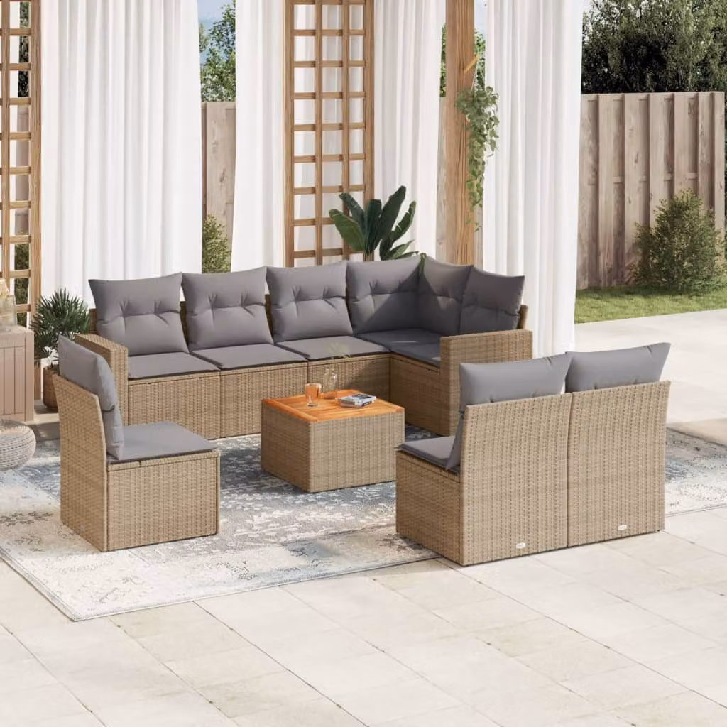vidaXL Set Divano da Giardino 9 pz a L in Polyrattan con Cuscini Beige e Grigio – 1