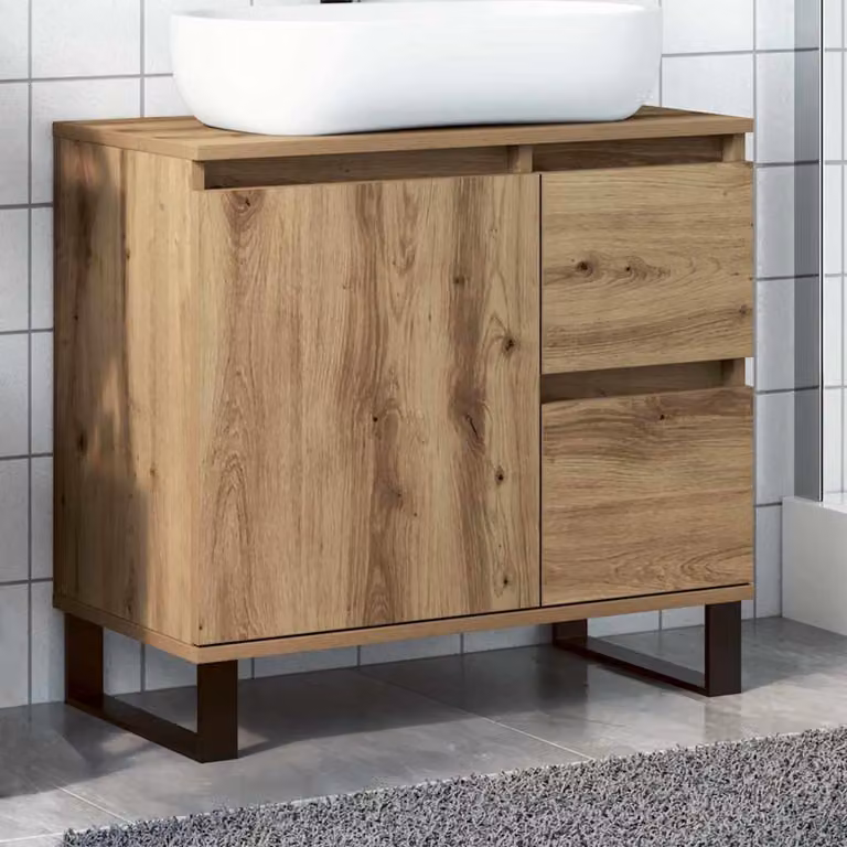 Armadietto da bagno vidaXL in stile industriale color rovere con ante a cerniera e cassetti, L 65 cm x P 33 cm x H 60 cm