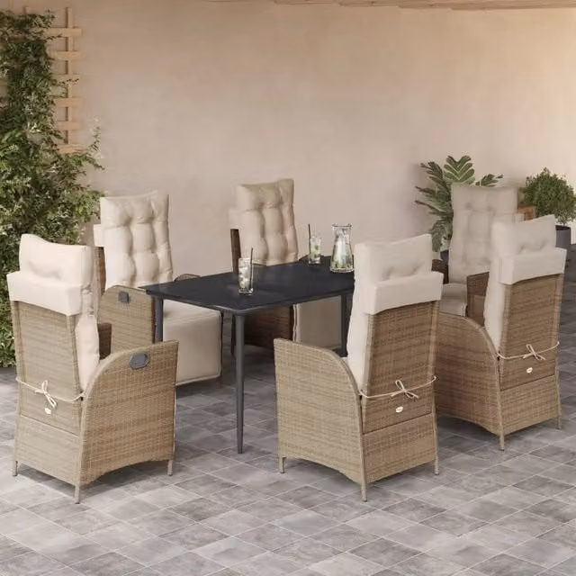 Set da Pranzo da Giardino VIDAXL in Polyrattan con Cuscini Beige e Tavolo in Vetro, 7 Pezzi – 1
