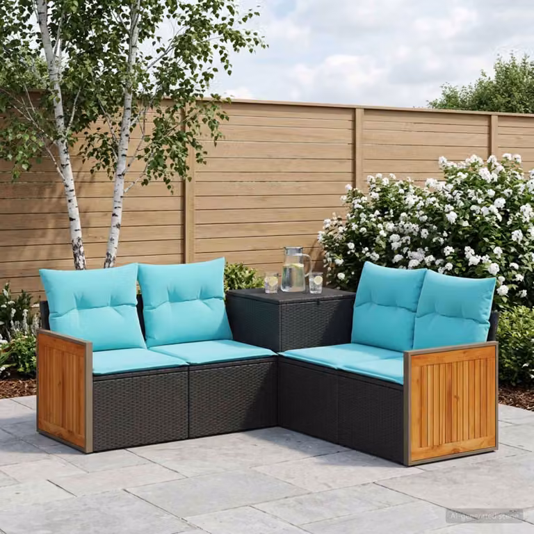 Set di divani da giardino vidaXL a forma di L con cuscini, nero e blu, in rattan sintetico e acciaio verniciato a polvere
