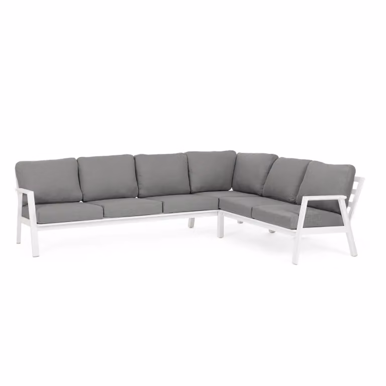 Set salotto angolare da giardino PENICHE con cuscini grigi e struttura in alluminio bianco