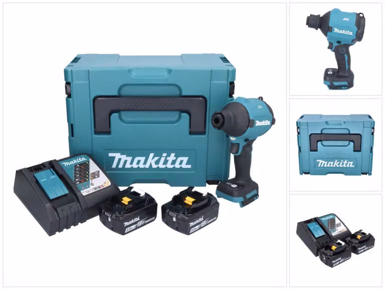 Soffiatore a batteria Makita DAS180RTJ 18V Brushless + 2 batterie da 5,0Ah + caricatore + valigetta Makpac