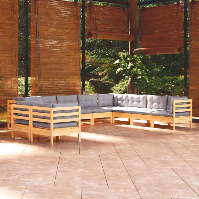 Set di divani da giardino vidaXL a forma di U in legno massello di pino con 10 cuscini grigi – 1
