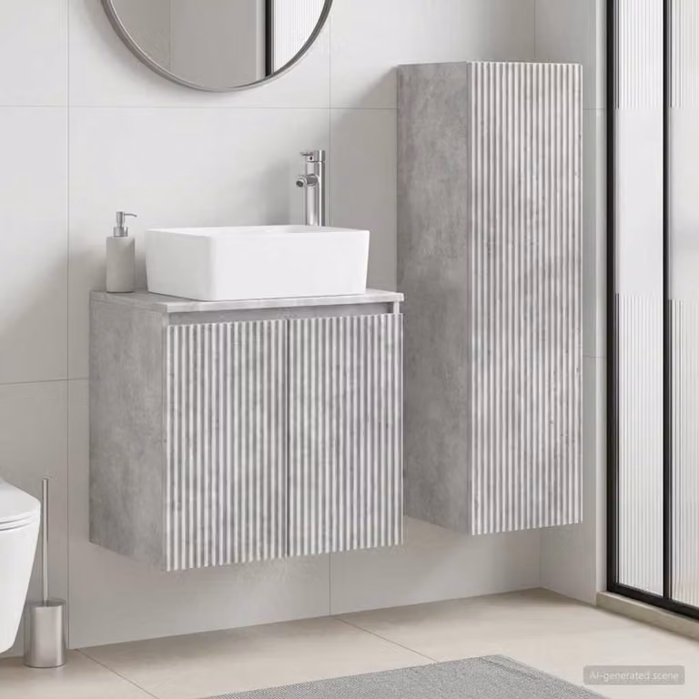 Set di mobili da bagno moderni vidaXL in 2 pezzi Grigio, composto da mobile lavabo e pensile a parete con ante a cerniera e ripiani interni