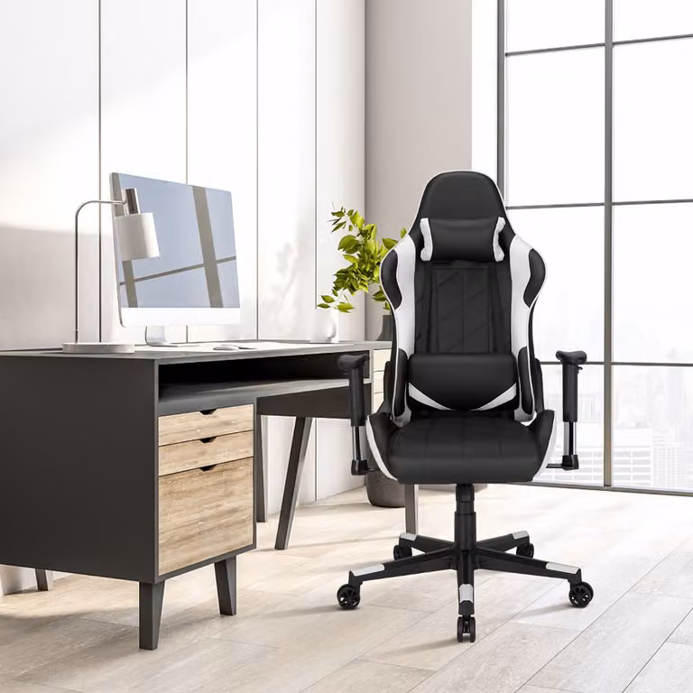 Sedia da gaming ergonomica Costway girevole a 360° con poggiatesta e cuscino lombare, Nero e bianco