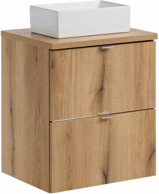 Set da bagno VANO finitura quercia 50cm: mobile sotto lavabo con cassetti + piano per lavabo + lavabi da appoggio