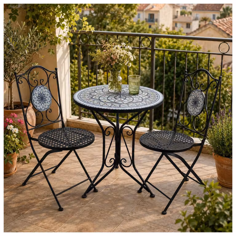 Set da bistrot in metallo nero composto da tavolo e 2 sedie, set da balcone con motivo decorativo