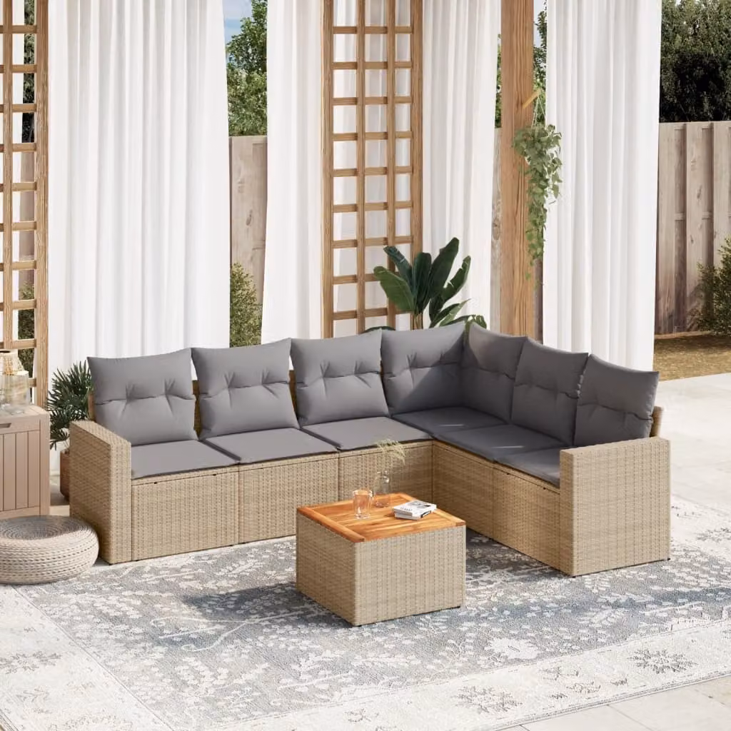 Set di divani da giardino vidaXL a forma di L composto da 7 pezzi con cuscini beige in polyrattan e tavolino da esterno – 1