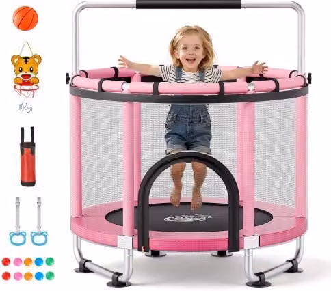 VEVOR Trampolino Elastico per Bambini 142 cm Carico 60 kg Rete Protezione, Giocattolo per Divertimento Esercizio Bambini da Interno Esterno Barra Regolabile, Trampolino Uso Domestico, Colore Rosa