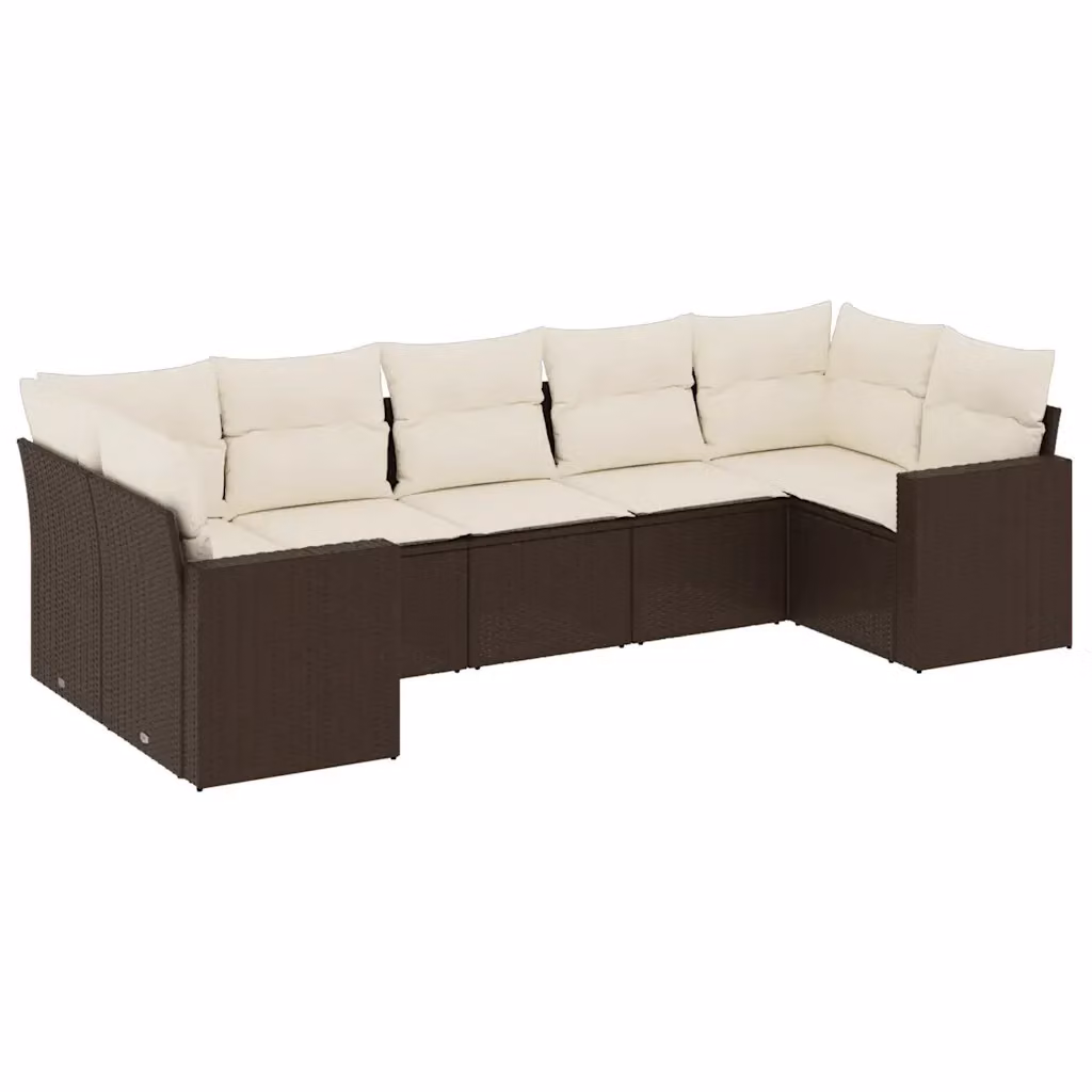 vidaXL Set Divani da Giardino 7 pz a Forma a L con Cuscini Marroni e Bianchi in Polyrattan e Metallo – 2