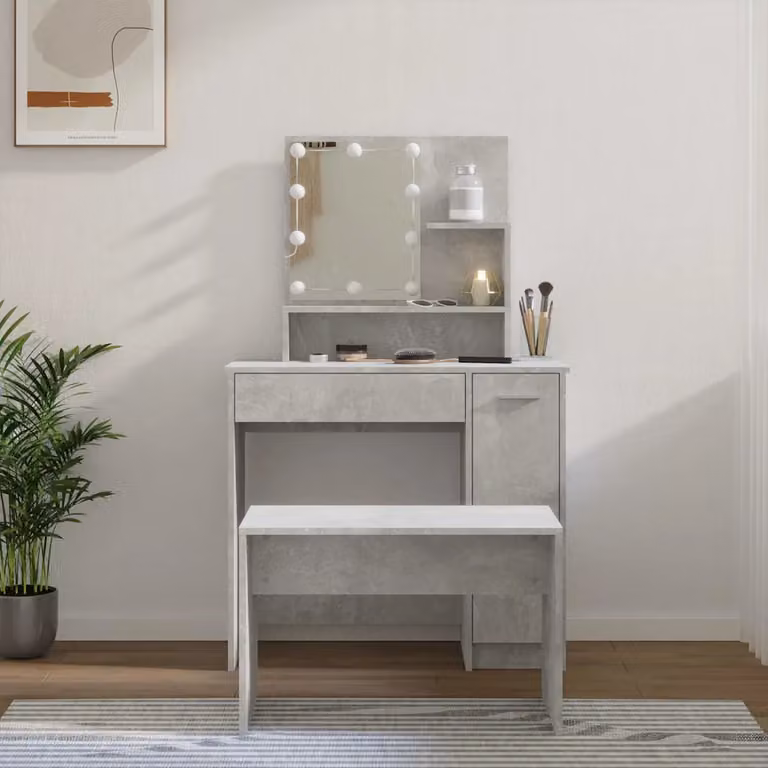 vidaXL Set Tavolo da Toeletta con LED in Legno Multistrato e Grigio Cemento L: 136 cm, P: 35 cm, H: 86,5 cm