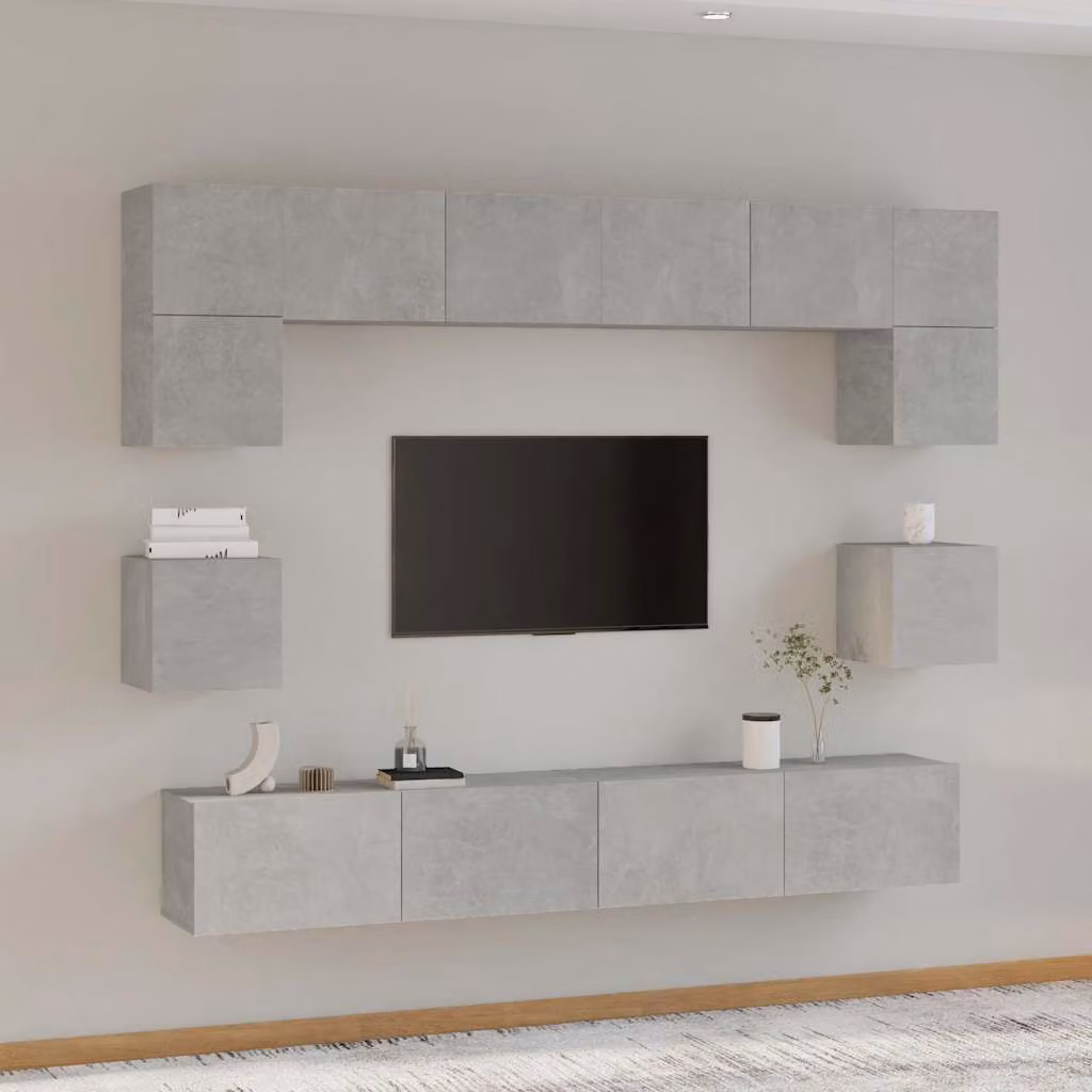 Set di mobili porta TV da 8 pezzi vidaXL in legno multistrato, colore grigio cemento, design classico a parete per il tuo soggiorno – 1