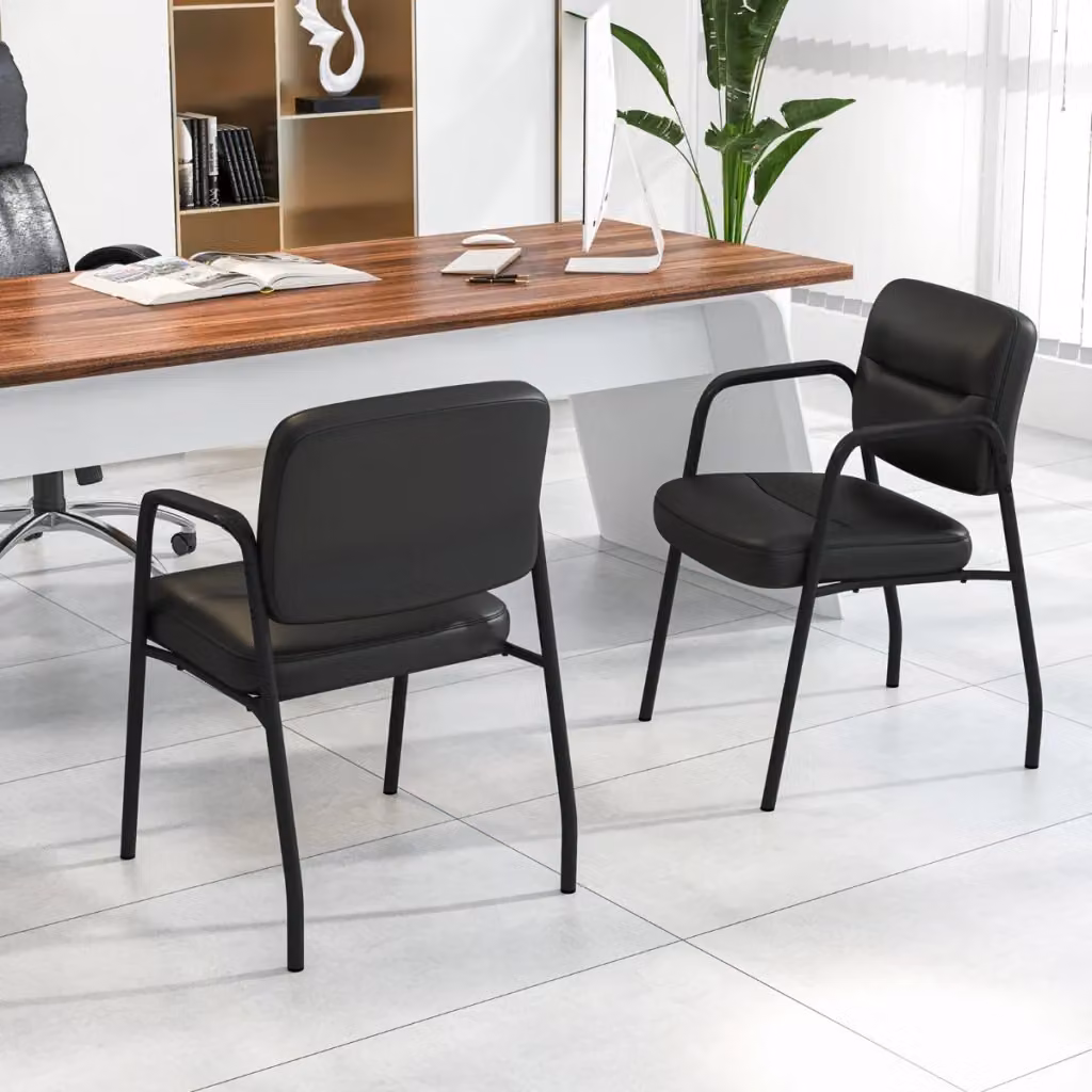 Set di 2 sedie da sala d'attesa imbottite con braccioli integrati in ecopelle nera per ufficio e casa – 2