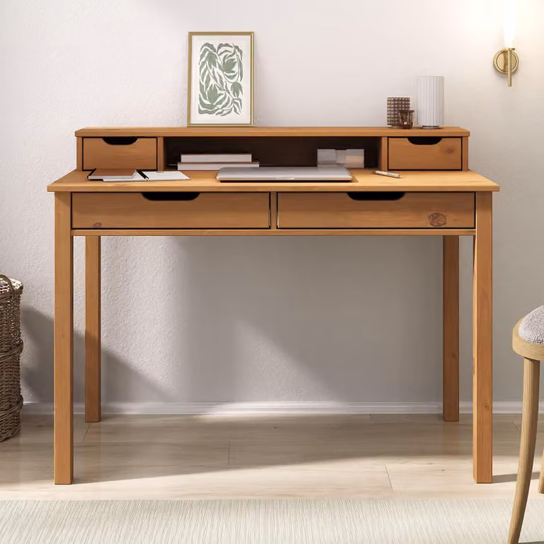 Scrivania RAUL con 4 cassetti in legno massello, finitura rovere - Scrivania da ufficio con spazio contenitivo e nicchia, scrivania per l'home office, scrivania per PC con ripiano aggiuntivo