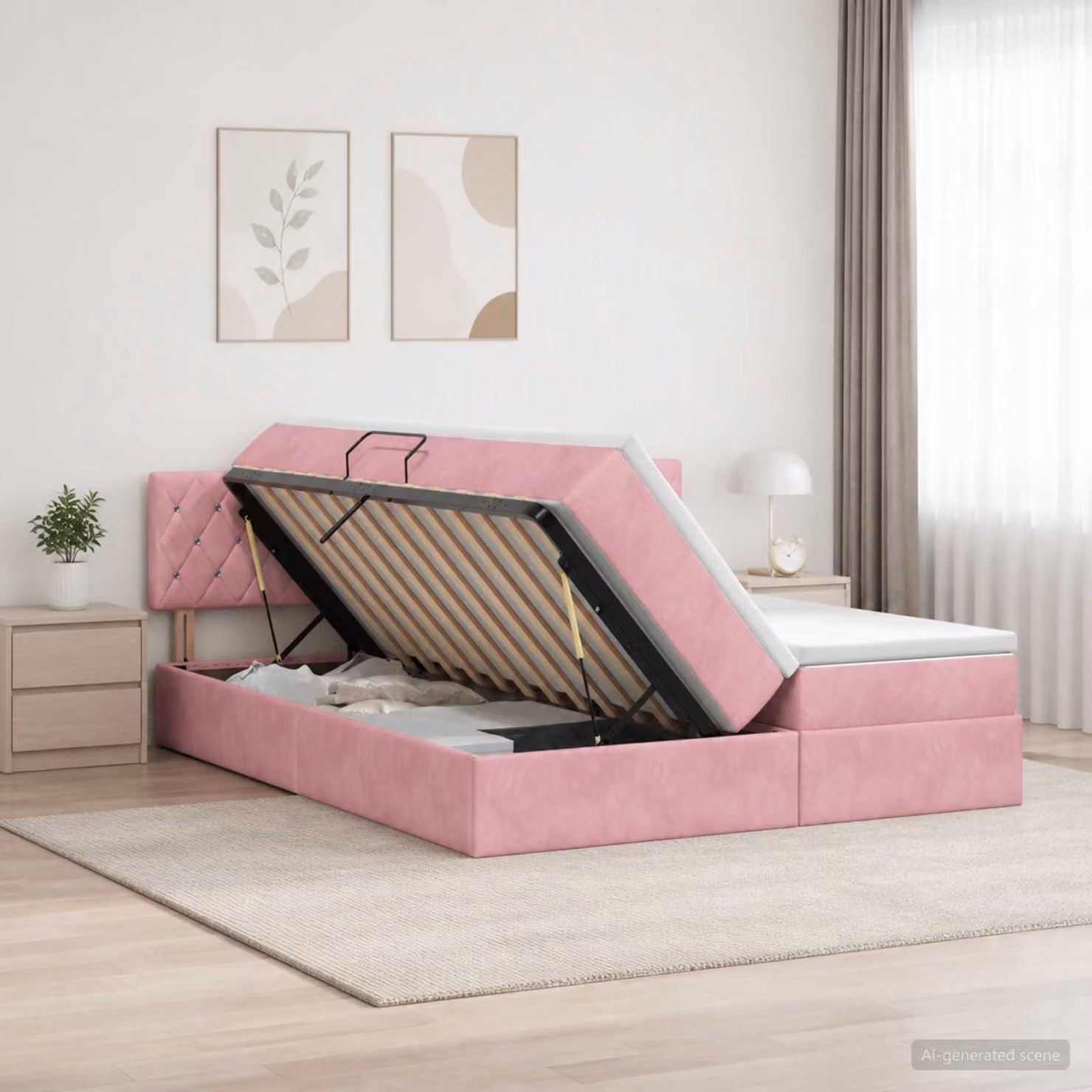 Letto con contenitore e 2 testiere vidaXL in velluto e similpelle, Rosa e Bianco, L/P/H: 200 x 200 x 88 cm