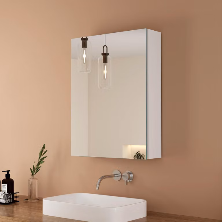 EMKE Armadio a specchio bianco opaco, 50x65x14,5 cm Porta singola in alluminio e ripiano in vetro regolabile Armadio a specchio da bagno con chiusura ammortizzata