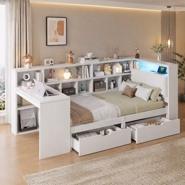 Letto 90x200 cm bianco – con scrivania, vani contenitori, LED, senza materasso