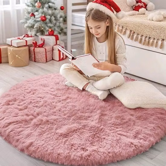 Tappeto Fluffino Antiscivolo con Fondino Lavabile Grande per Camera da Bambina, Camera da Principe, Camera da Letto - 200 cm Circolare, Rosa