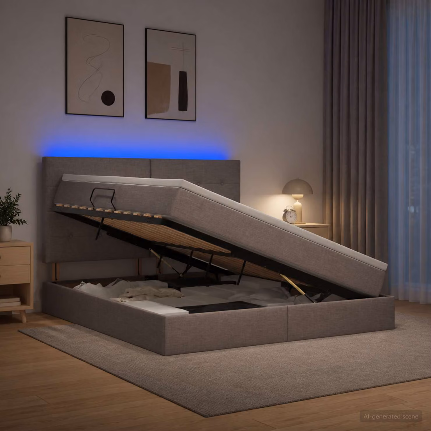 Letto con contenitore e materasso vidaXL con illuminazione LED e porta USB, colore grigio, L/P/H: 160 x 200 x 140 cm