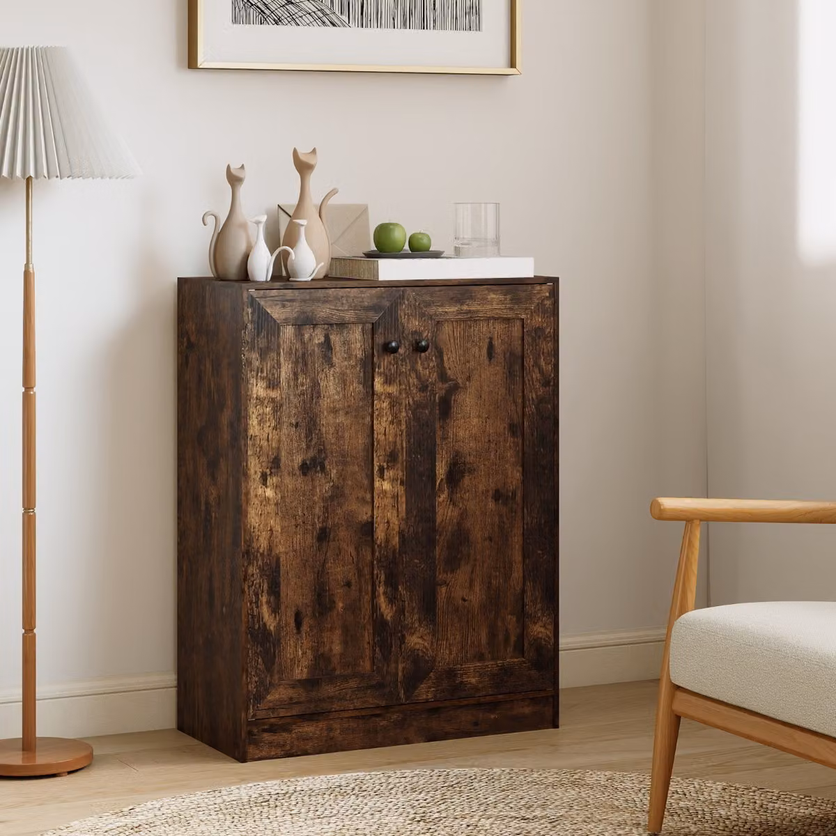 Mobiletto da bagno Costway in legno marrone con ante a battente e ripiani regolabili