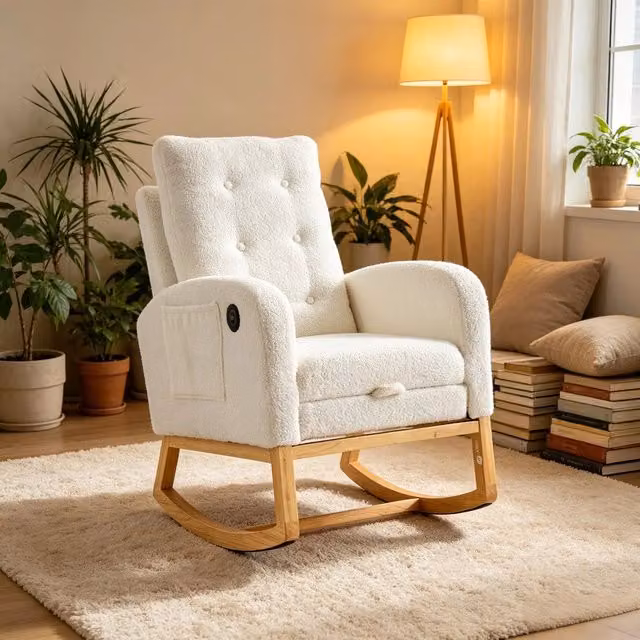 Sedia a dondolo Minimal con porta USB-C in tessuto boucle bianco e struttura in legno massello, L: 66.5 cm, P: 121.5 cm, H: 102 cm