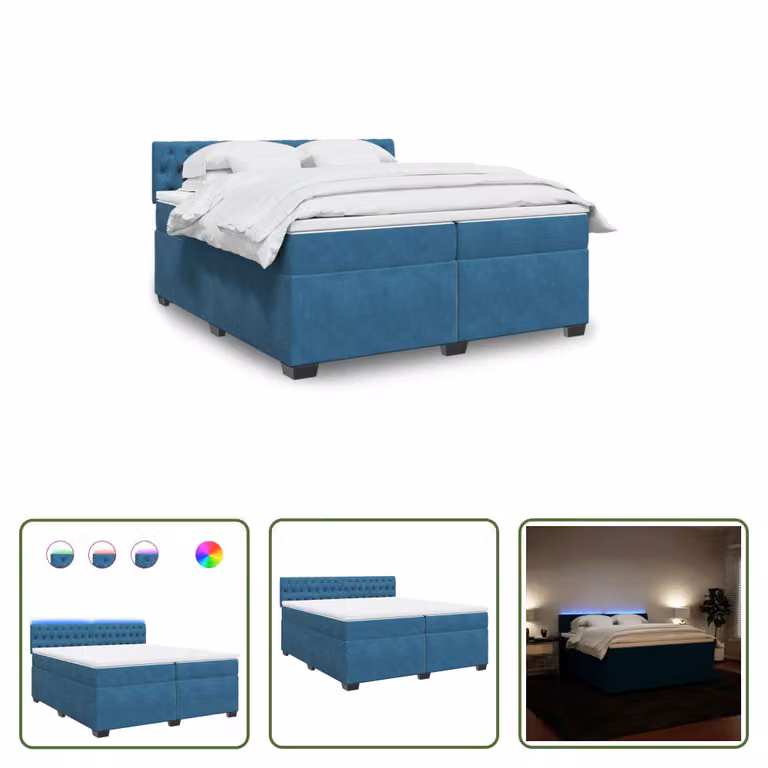 The Living Store Letto a molle con materasso blu 200x200 cm in velluto
