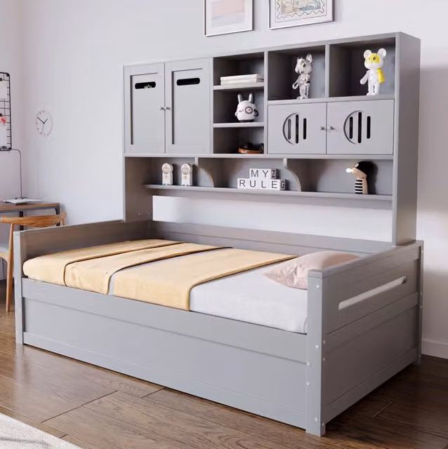 Divano letto singolo MODFU in tessuto grigio con contenitore idraulico e struttura in legno e MDF, L/P/H: 90 x 200 cm