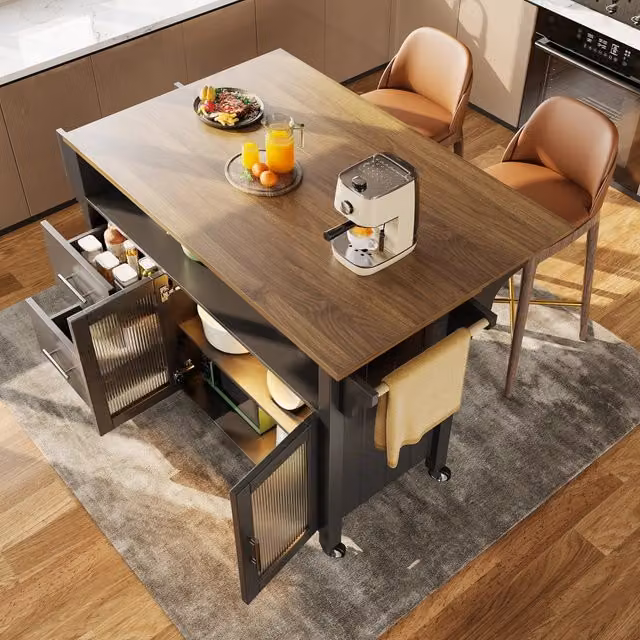 Isola cucina con ruote; piano pieghevole e vetrina in vetro; MDF effetto legno; nera