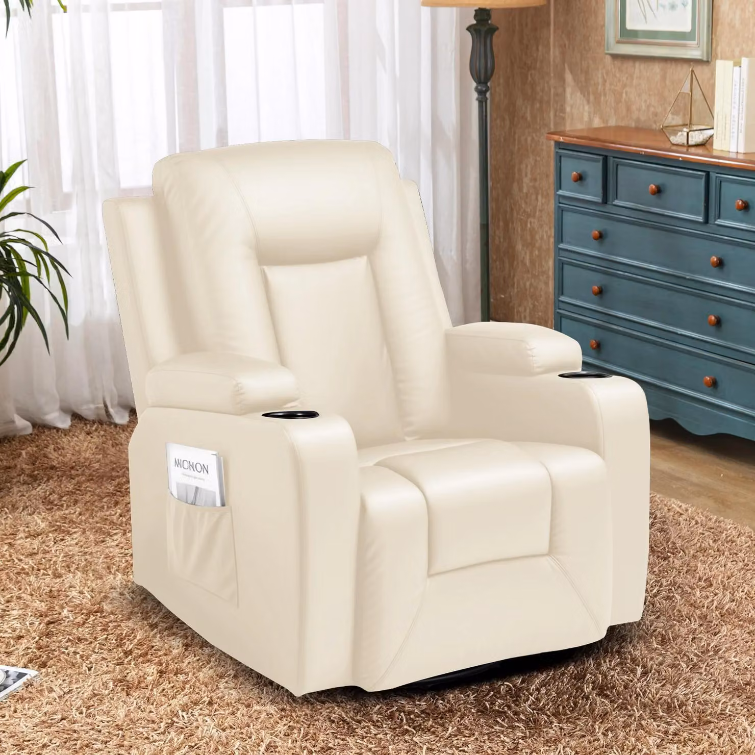 Poltrona relax - Poltrona TV - Funzione reclinabile, funzione oscillante, portabicchieri, 2 tasche laterali, rivestimento in ecopelle/tessuto, dimensioni 102×82×95 cm - Bianco