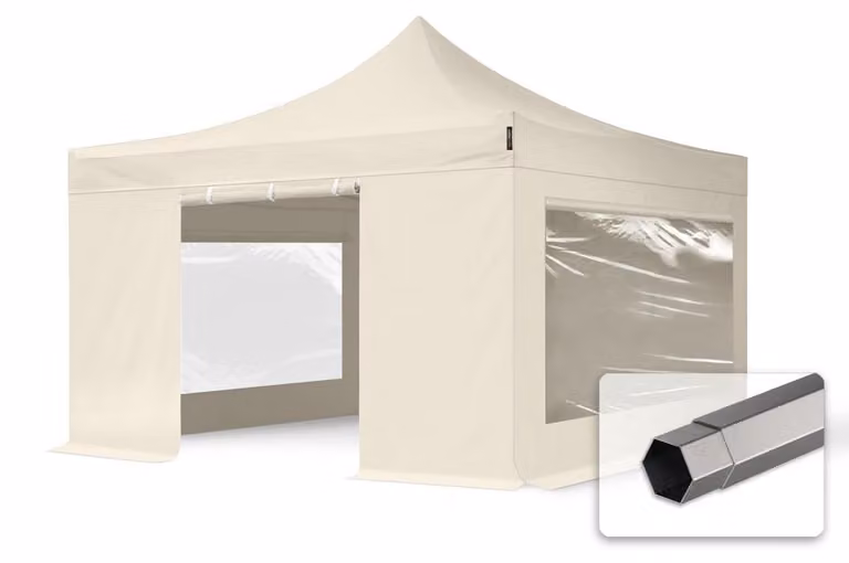 TOOLPORT 4x4 m gazebo pieghevole con laterali (finestre panoramiche), PREMIUM acciaio, crema