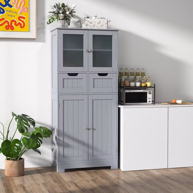 Mobile contenitore con ante, modello indipendente con 4 ante, 2 cassetti e ripiani regolabili, multifunzionale, per cucina, bagno, soggiorno (grigio)