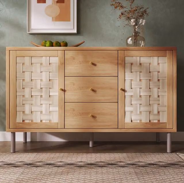 Credenza 120x40x75 cm rovere MDF e metallo, 2 ante e 3 cassetti