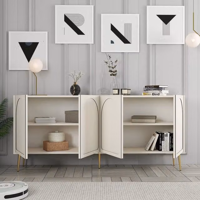 Madia Torno DMORA con 2 ripiani, colore bianco beige e oro, L: 180 cm, P: 35 cm, H: 80 cm