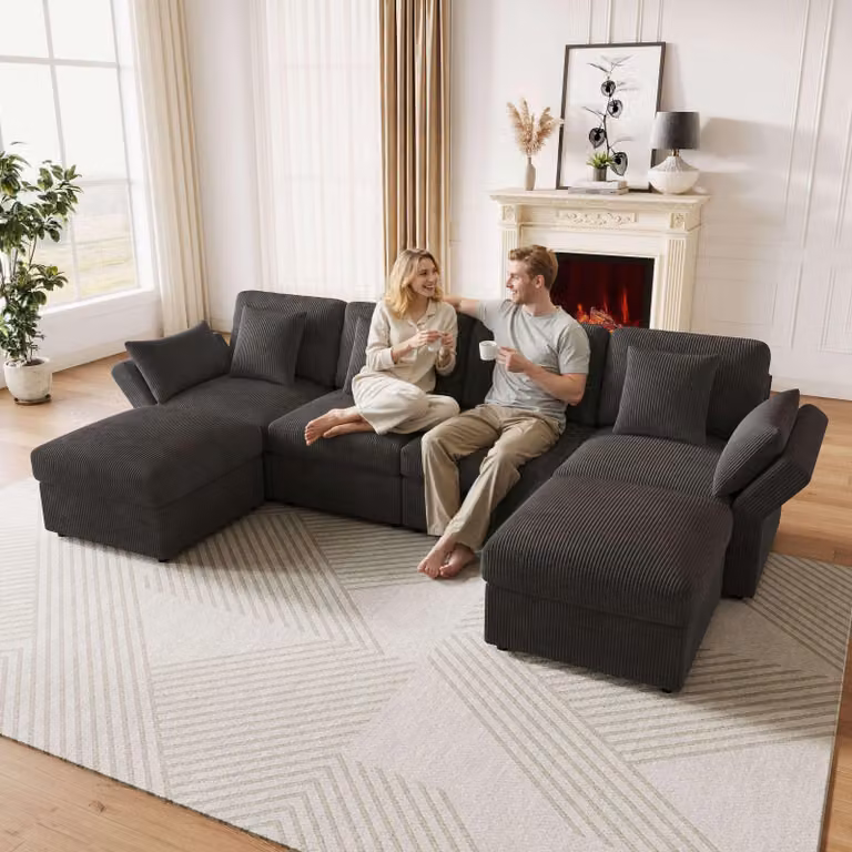 Merax divano angolare a U 4-6 posti, con poggiapiedi, braccioli regolabili, divano moderno, divano, soggiorno, camera da letto, tessuto a coste, grigio