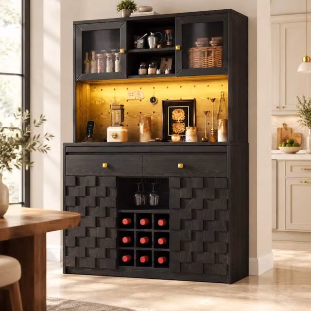 Armadio alto da cucina con LED RGB; prese USB; portabottiglie; MDF e acrilico nero 120x40x178 cm